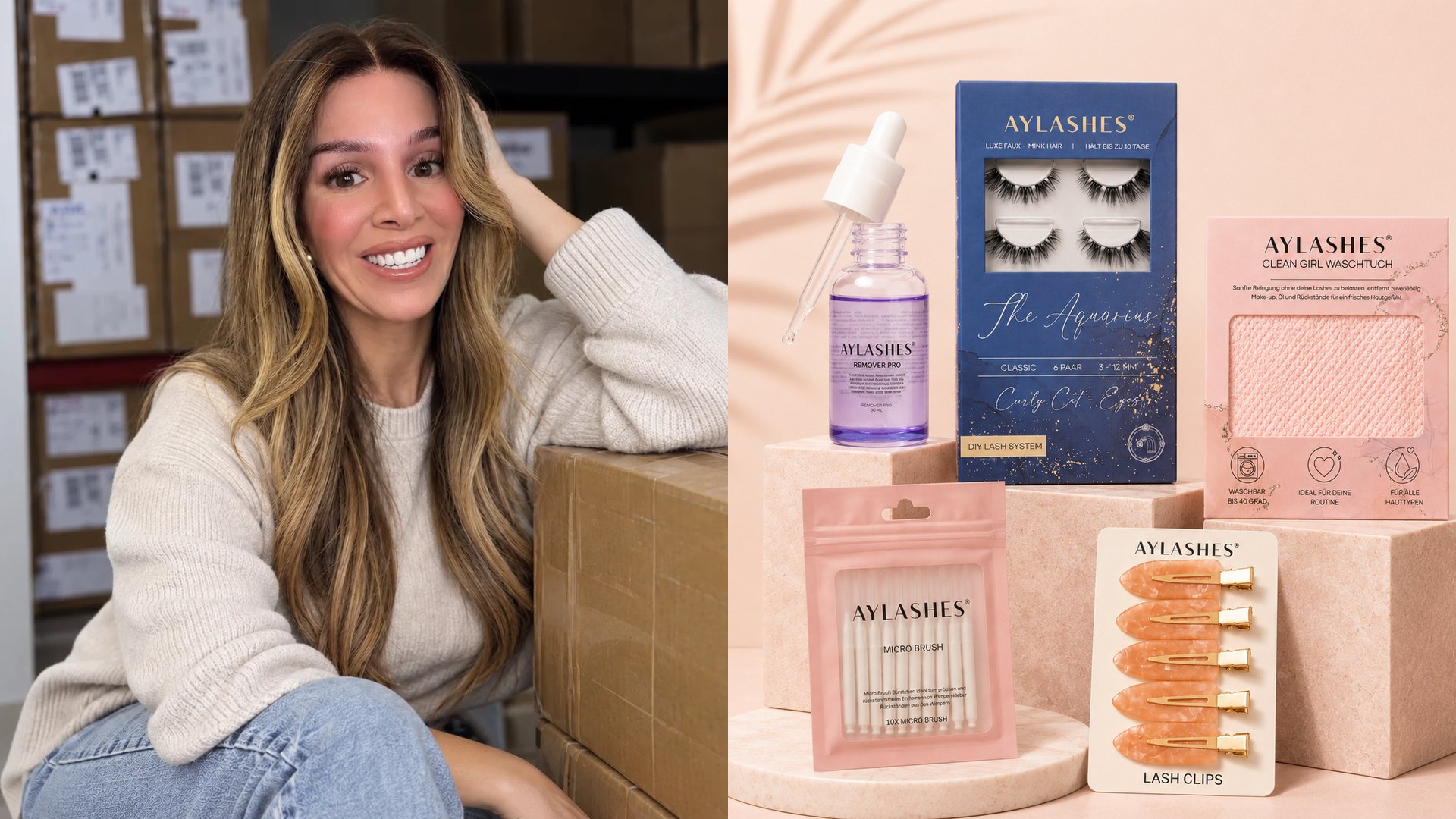 Aylin, founder of AYLASHES, in the warehouse, next to a still life of AYLASHES products on peach: lash box, remover, cleansing cloth, micro brushes and lash clips