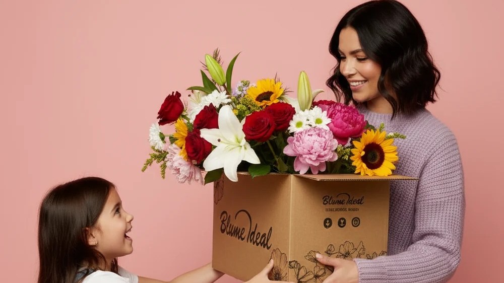 A girl handing a Blume Ideal box full of flowers to a woman, on pink